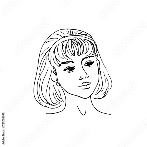 woman's portrait with a curved bob and bangs, her head slightly tilted, the woman pensive or dreamy - hand drawn line art illustration