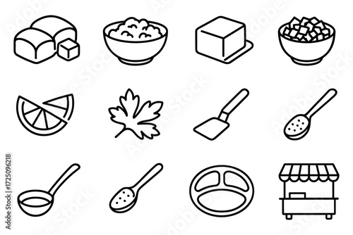 Minimalist cooking icons: kitchen tools, ingredients, and food line art collection