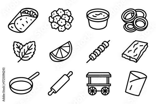 Outline icons of mexican food and cooking accessories