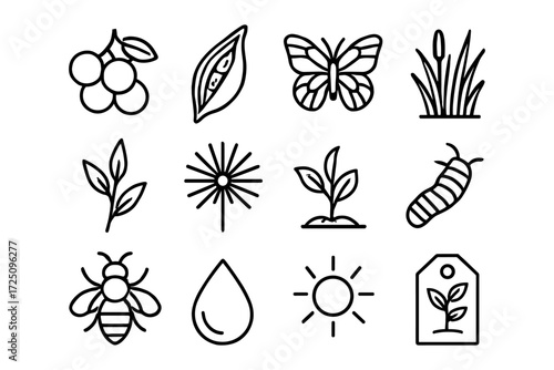 Eco-themed linear icon set featuring nature and garden symbols