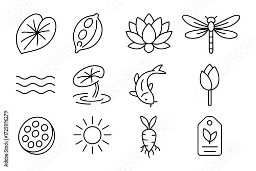 Minimalist nature icons set featuring lotus, dragonfly, and waves