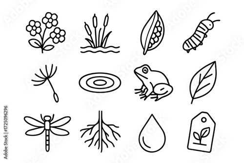 Nature essentials: minimalist black and white line icons featuring plants, animals, and water elements