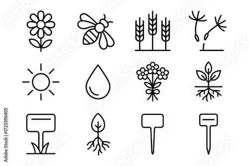 Minimalist gardening icons: plants, sun, and nature elements in line art