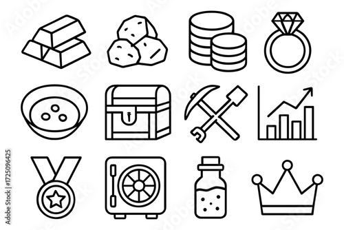 Finance and treasure icons: gold bars, coins, jewelry, and more in linear style