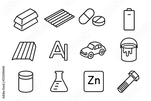 Line icons of industrial materials and tools with bold outline style