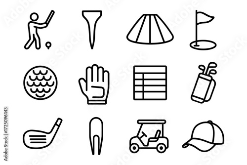 Simple golf icons: minimalist line art of equipment and accessories