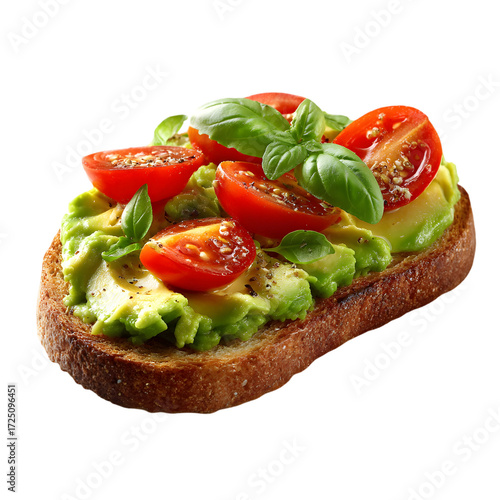 Close up shot of toast topped with fresh avocado slices, cherry tomatoes, and basil on transparent background, ideal for healthy eating and vegetarian themes.