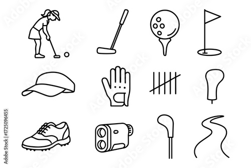Minimalist golf equipment and icons collection in black and white outline style