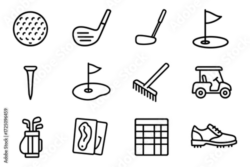 Golf icons set: course equipment and accessories in black and white linear style