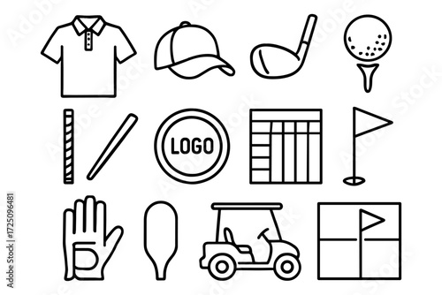 Golf icons set: linear style collection of equipment, apparel, and course symbols