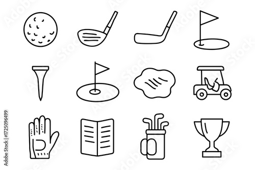 Minimalist golf icon set featuring clubs, flags, and trophies