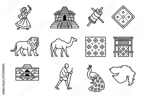 Traditional indian culture outline elements featuring animals, monuments, and iconic figures
