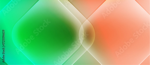 Abstract gradients blend green, beige, orange hues. Geometric shapes overlap creating soft light effects. Minimalist design, modern aesthetic.