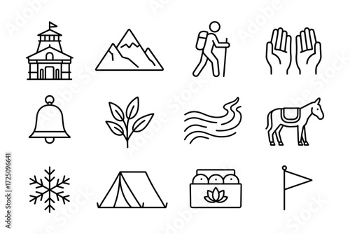 Minimalist line icons of outdoor and nature elements for adventure and camping design