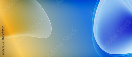 Abstract background features flowing shapes, gold, blue hues. Smooth gradients create soft visual effect. Minimalist design.