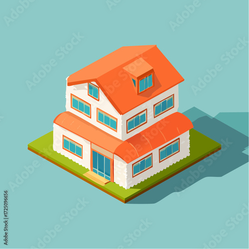 Isometric Illustration of a Two-Story House with Orange Roof