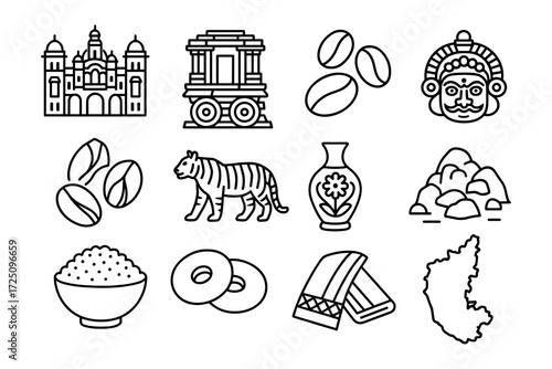 India icons collection: cultural monuments, wildlife, and traditional elements in linear style