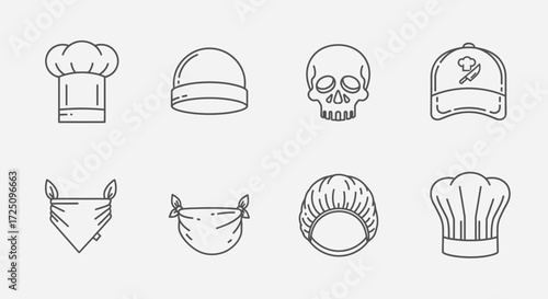Culinary Accessories, Chef Hats, Skull Caps, Bandanas, Industry Setting, Graphic Design, Minimalist Style