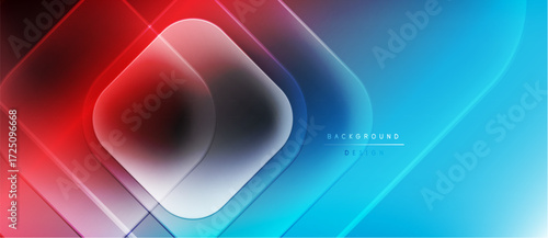 Abstract geometric shapes, vibrant blue, red gradients. Modern design, smooth transitions, dynamic composition. Background texture suggests technology.