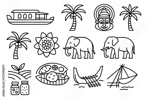 Traditional kerala icons: elephant, houseboat, coconut tree, kathakali mask, indian cuisine