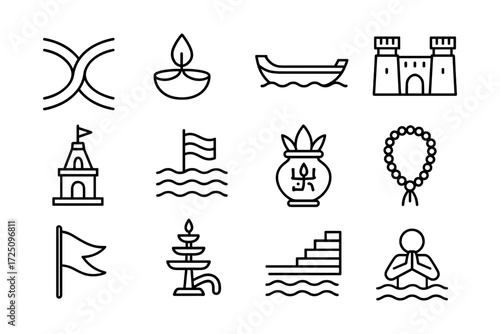 Minimalist hindu symbols: diyas, temples, and ritual icons in linear design