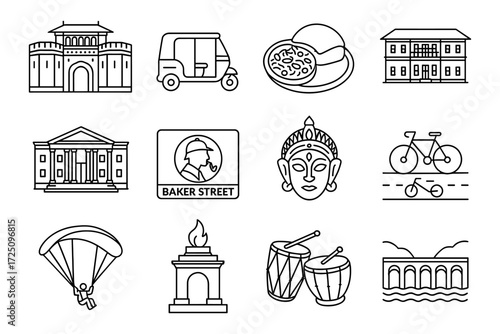 Cultural and historic linear icons: architecture, transport, cuisine, and adventure