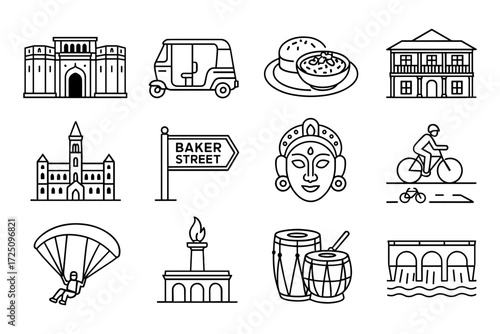 Linear icons of indian culture and landmarks featuring architecture, food, and more