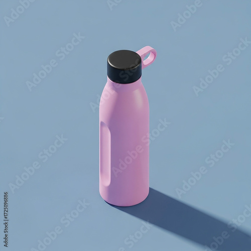 Isometric pink water bottle with black lid on a blue background casts a shadow
