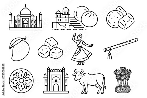 Iconic symbols of india in linear art including monuments, dance, and traditional elements