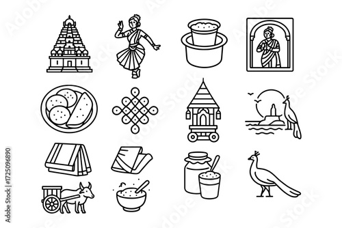 Indian cultural symbols set: temples, dance, cuisine, and wildlife icons in linear design