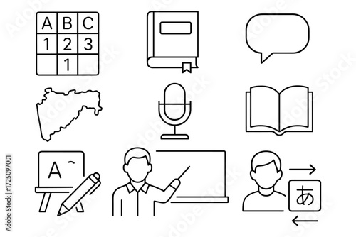 Educational outline icons set featuring teacher, blackboard, and learning tools