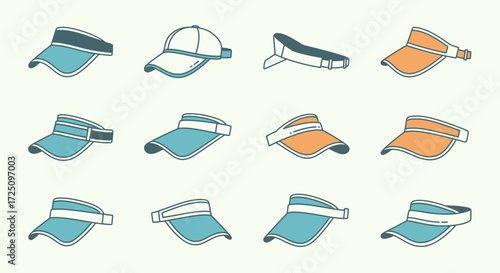 Stylish Headwear Collection, Caps and Visors, Creative Design, Graphic Showcase, Bright Color Palette, Top View, Fashion Inspiration