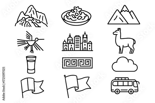 Peruvian icons set: mountains, cuisine, culture, and nature in minimalist linear style