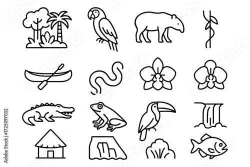 Tropical jungle icons: wildlife, plants, and adventure activities in simple outline style