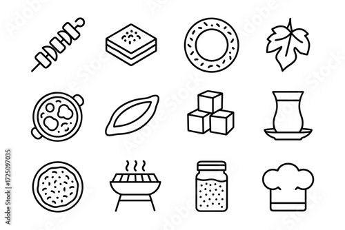 Turkish cuisine icons: linear kebab, tea, simit, and more