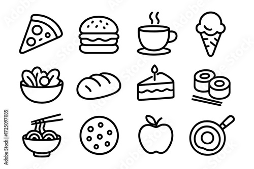 Simple line art food icons featuring pizza, cake, and ice cream