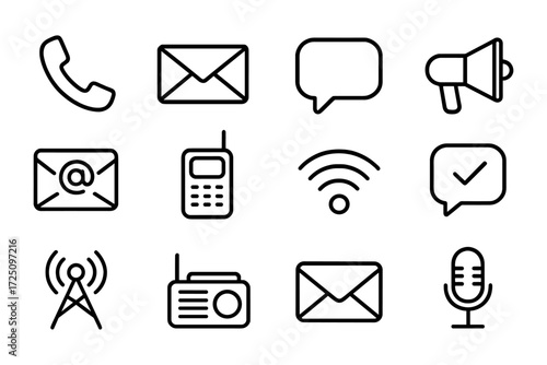 Simple communication icons set with black linear style for digital and print design projects