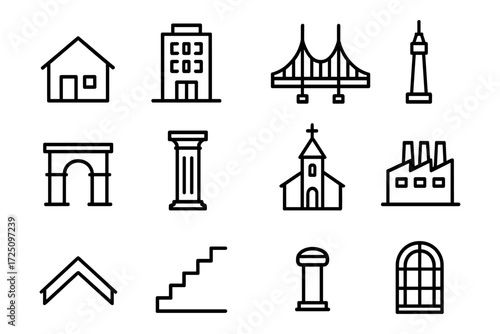 Linear icons of architectural structures: house, bridge, tower, church, factory, and more