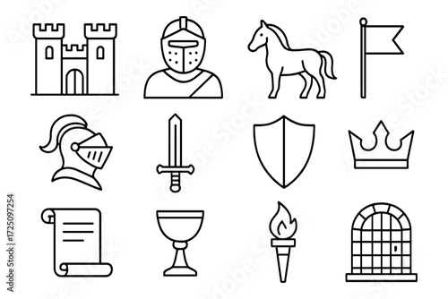 Medieval icons set featuring knight, castle, and sword in linear style