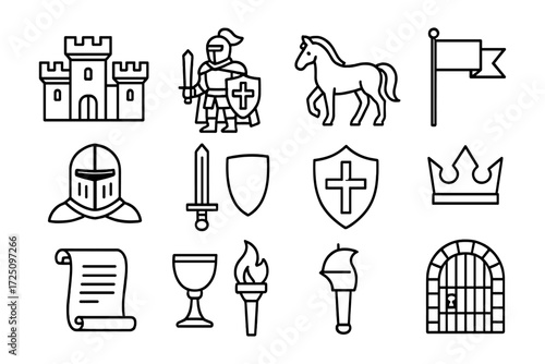 Medieval icon set featuring knight, castle, shield, sword, and crown in linear style