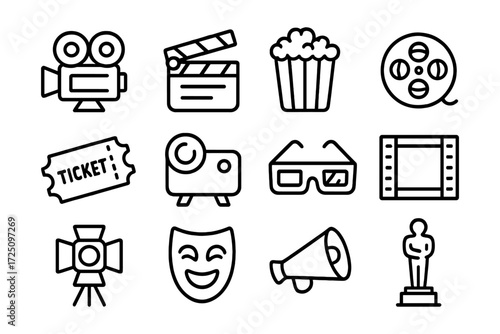 Cinema icons collection: linear style movie and theater elements