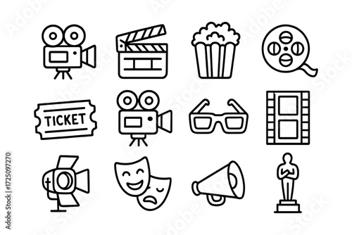 Cinema icons set: line art popcorn, film reel, 3d glasses, and more