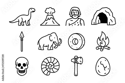 Prehistoric era icons: dinosaurs, cavemen, volcanoes, and more in linear style