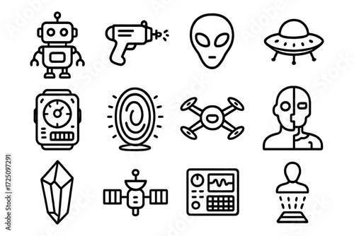 Futuristic technology icons: ai, space exploration, and alien elements in linear style