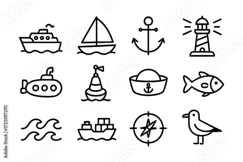 Nautical icon set featuring boats, buoy, and marine symbols in linear style