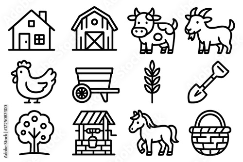 Simple farm life icons: animals, tools, and buildings in bold outline for infographics