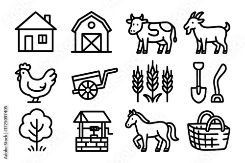 Minimalistic farm icons set featuring animals, tools, and buildings in linear style