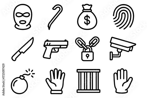 Linear crime and security icons: mask, safe, lock, cctv, and tools