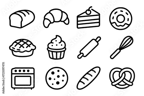 Baking icon set: bread, croissant, cake, donut, pie, cupcake, rolling pin, whisk, oven, cookie, baguette, pretzel