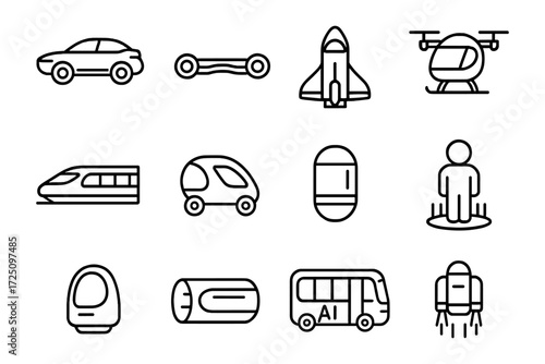 Futuristic transportation icons: linear design of cars, trains, drones, and more